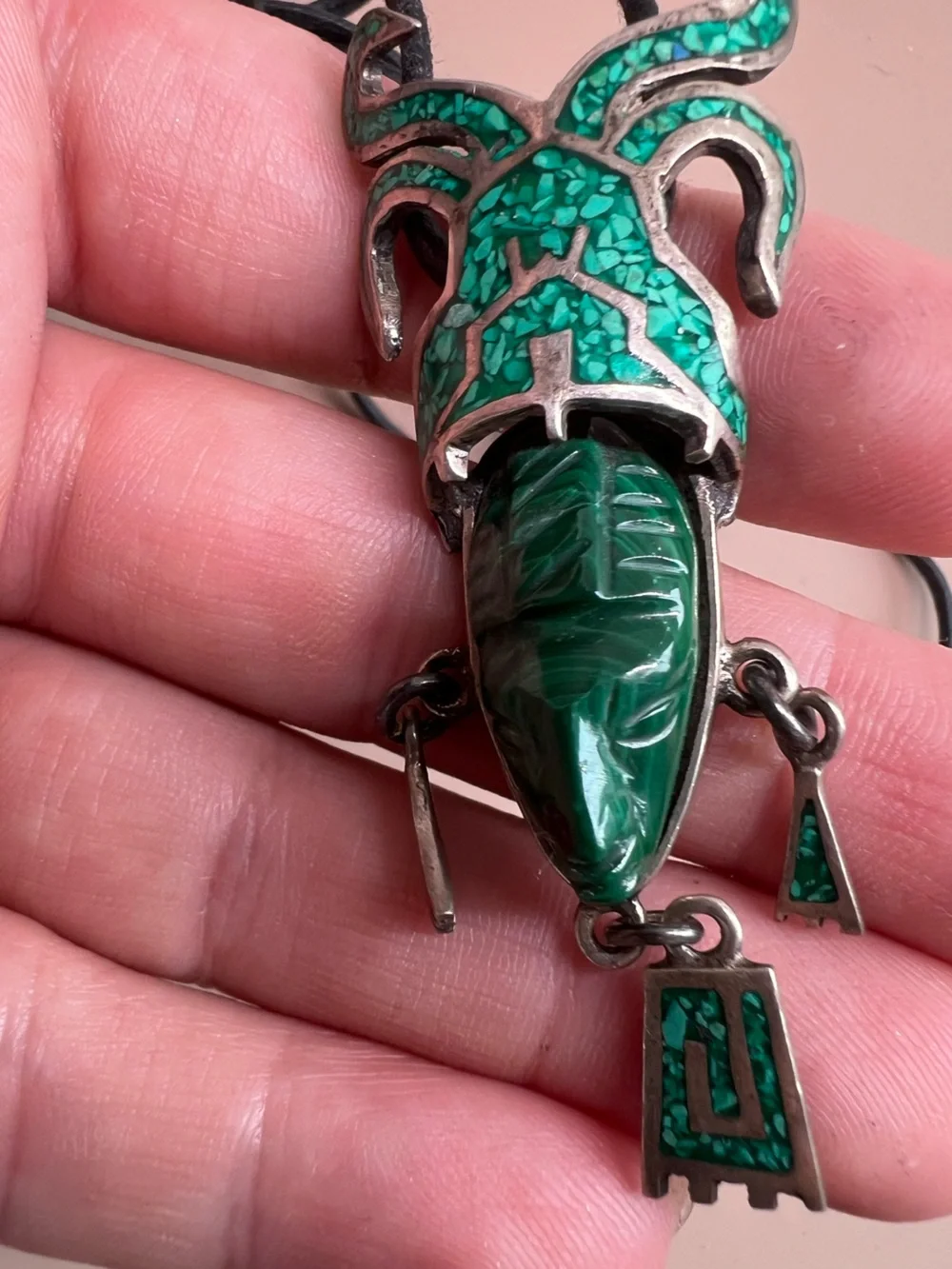 VINTAGE TAXCO MEXICO LARGE MALACHITE MASK PENDANT 925 STERLING STATEMENT